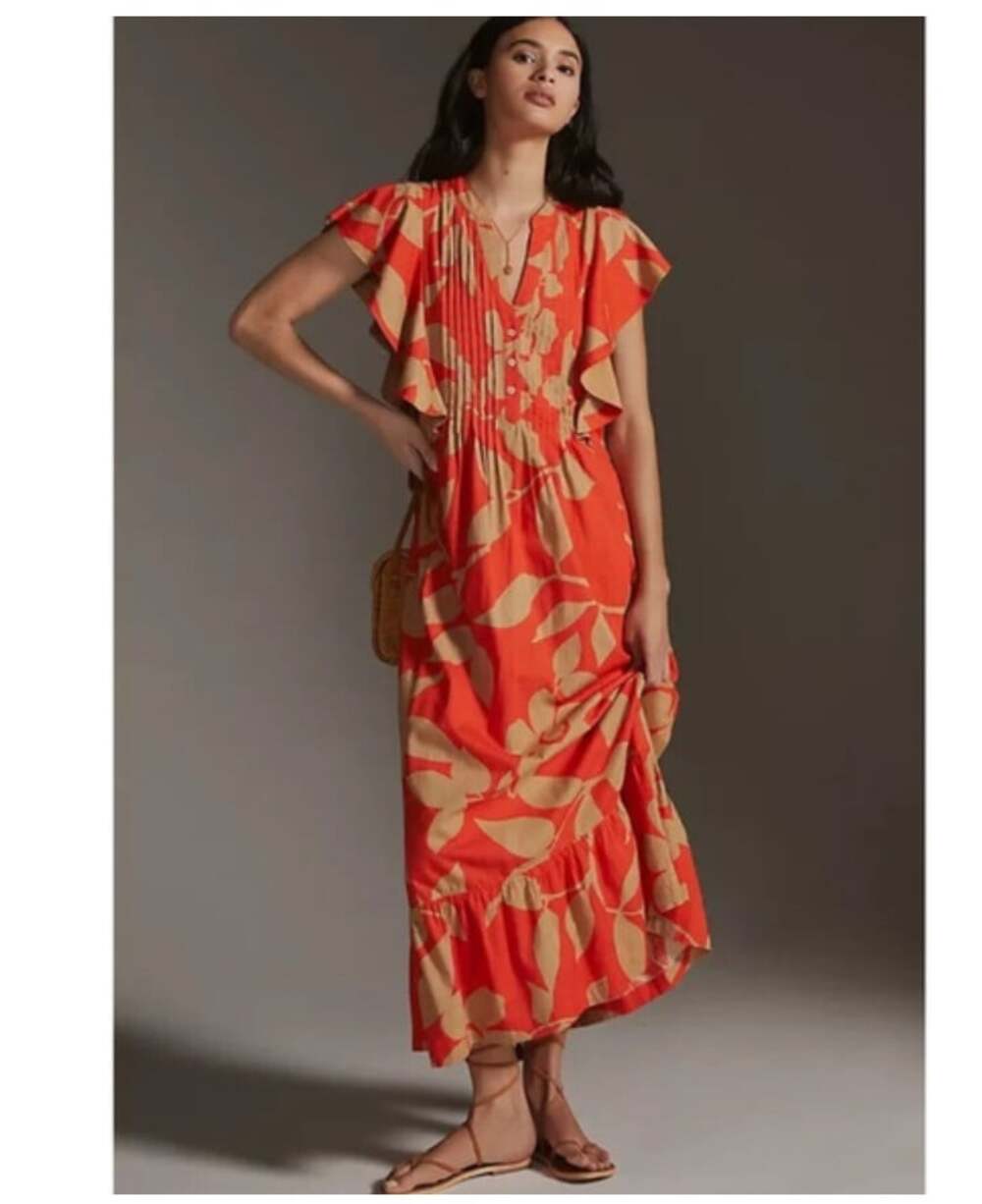 Maeve Cassandra Dress Womens XL Orange Leaf Pleated Flutter Sleeve Maxi Sundress